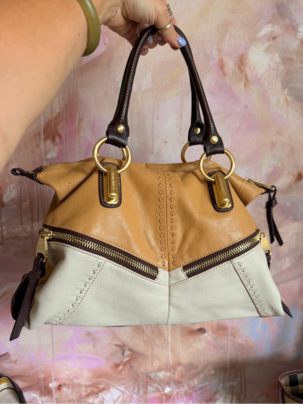 b. makowsky Two-Tone Leather Shoulder Bag - Tan & Cream